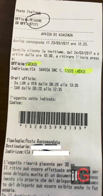 ricevuta raccomandata poste italiane