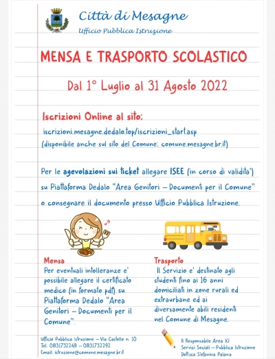 Mesagne. Mensa e trasporto scolastico a.s. 2022/2023, aperte le iscrizioni