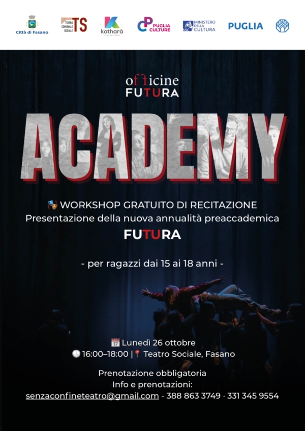 Al Teatro Sociale di Fasano un workshop gratuito per scoprire ACADEMY, il percorso teatrale di Officine Futura