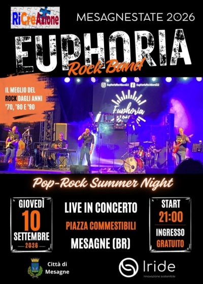 MesagneEstate 2026: gli Euphoria Rock Band accendono Piazza Commestibili con la "Pop Rock Summer Night"