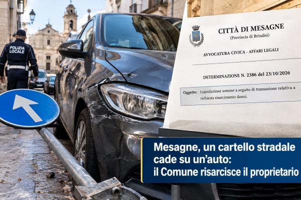 Mesagne, un cartello stradale cade su un’auto: il Comune risarcisce il proprietario