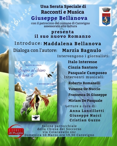 Carovigno, domenica 10 marzo presentazione del libro &#039;Sogno al Chiaro di Luna 2&#039; di Giuseppe Bellanova