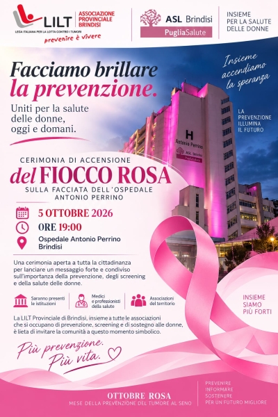 Ottobre Rosa a Brindisi: il 5 ottobre accensione del Fiocco Rosa al Perrino per la preven-zione del tumore al seno