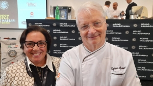 Iginio Massari con Maria Biscosi chef di Giudamino Cantina - Mesagne (Br)