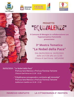 Progetto “Equivalenze”, donne Nobel per la Pace: da mercoledì 6 marzo la terza mostra tematica
